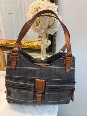 Rosetti Gray Canvas Shoulder Bag with Brown Leather Trim